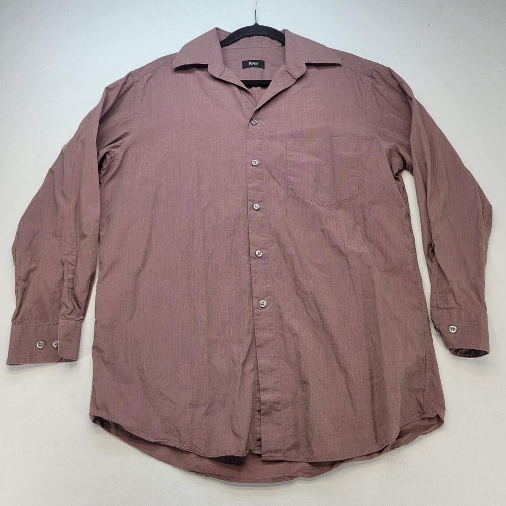 Hugo Boss Button Down Shirt Mens 15.5 32/33 Brown Textured Cotton Long Sleeve